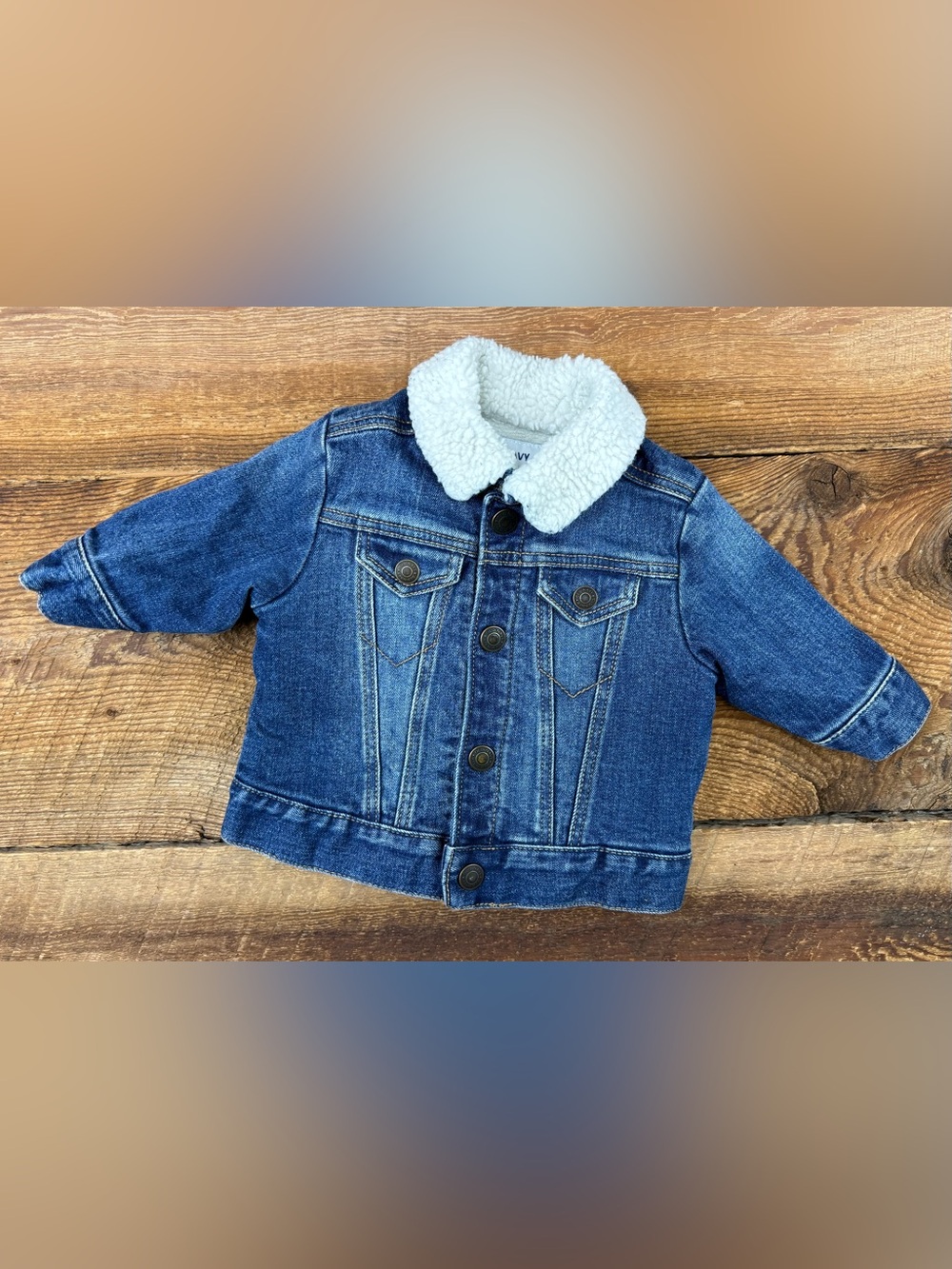 Old Navy Blue Denim Bomber Jacket with White Sherpa Collar